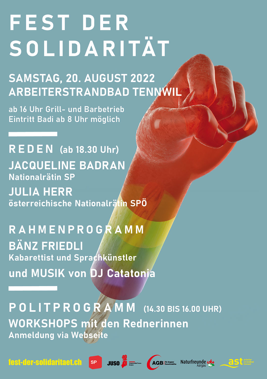 Fest der Solidarität: Samstag, 20. August, Arbeiterstrandbad Tennwil, ab 16 Uhr, Jacqueline Badran, Julia Herr, Bänz Friedli, DJ Catatonia